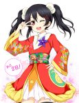  ;d black_hair flower hair_bobbles hair_ornament hairpin hand_on_hip japanese_clothes karamoneeze kimono love_live!_school_idol_project obi one_eye_closed open_mouth red_eyes sash smile twintails v v_over_eye yazawa_nico 