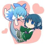  2girls blue_eyes blue_hair bow chibi cirno deformed drill_hair fish_tail hair_bow head_fins heart ice ice_wings mermaid monoelegy monster_girl multiple_girls open_mouth touhou wakasagihime wings 