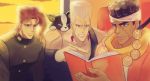  4boys black_hair blue_eyes book dog grey_hair higeneko_(pluie) iggy_(jojo) jean_pierre_polnareff jojo_no_kimyou_na_bouken kakyouin_noriaki mohammed_avdol multiple_boys reading 