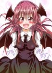  1girl :d arms_behind_back bat_wings brown_eyes dress fang head_wings highres koakuma matsuoka_two@glf_dizzy18 necktie open_mouth redhead smile touhou translation_request wings 