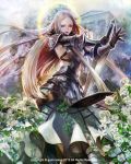  1girl armor black_gloves flower gloves greaves halo long_hair looking_at_viewer original solo sword trinity_souls vambraces weapon yooani 
