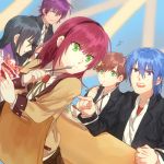  2girls 3boys angel_beats! black_hair blue_hair brown_hair dutch_angle green_eyes hairband hinata_(angel_beats!) kizami_(hetaisi) long_hair multiple_boys multiple_girls noda_(angel_beats!) ooyama_(angel_beats!) parfait purple_hair school_uniform shiina_(angel_beats!) short_hair spoon violet_eyes yuri_(angel_beats!) 