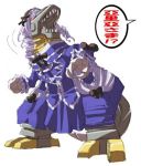  26_(sister_freedom) aria_(sister_princess) aria_(sister_princess)_(cosplay) crossover dress drill_hair fusion gothic grimlock long_hair looking_back lowres mechanization no_humans open_mouth purple_hair ringlets sharp_teeth simple_background sister_princess speech_bubble transformers white_background 