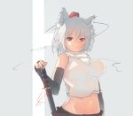  1girl animal_ears breasts collarbone detached_sleeves ehrrr grey_background hat highres inubashiri_momiji katana looking_at_viewer midriff navel parted_lips red_eyes sheath sheathed short_hair simple_background solo sword tokin_hat touhou weapon white_hair wolf_ears 
