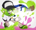  1boy arm_warmers baseball_cap green_eyes green_hair hat jewelry long_hair n_(pokemon) nagiru necklace nintendo paintbrush pants pointy_ears pokemon pokemon_(game) pokemon_bw shirt simple_background smile solo splatoon tentacle_hair white_shirt wristband 