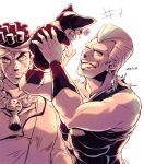  anger_vein blue_eyes carrying dated dog earrings headband highres iggy_(jojo) jean_pierre_polnareff jewelry jojo_no_kimyou_na_bouken kamihitoe mohammed_avdol necklace no_eyebrows orange_eyes sepia tongue tongue_out 