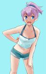  1girl :d alternate_costume aoba_(kantai_collection) aqua_background blue_eyes breasts cleavage denim denim_shorts hand_on_hip hand_on_leg kantai_collection leaning_forward navel ojipon open_mouth ponytail scrunchie shorts smile tank_top 