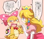 2girls artist_name blonde_hair blue_eyes blush bow bracelet claws crown dress earrings elbow_gloves eromame flying_sweatdrops gloves holding_hands jewelry large_bow lipstick long_hair makeup monster_girl multiple_girls necklace nintendo pearl_necklace polka_dot polka_dot_bow princess_peach shell size_difference spikes super_mario_bros. tail translation_request wendy_o._koopa