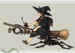  1girl akai_sashimi backpack bag braid broom broom_riding brown_hair grey_background hat horns lantern long_hair original profile simple_background single_braid solo steampunk witch witch_hat 