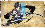  1girl black_hair bloodstained:_ritual_of_the_night blue_eyes brown_hair concept_art detached_sleeves gauntlets gradient_hair hair_between_eyes hair_ornament katana looking_at_viewer miriam_(bloodstained) multicolored_hair natsume_yuji official_art sheath short_hair solo stained_glass sword weapon 