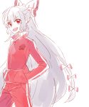 &gt;:d 1girl :d adidas alternate_costume blush bow fujiwara_no_mokou hair_bow highres long_hair looking_at_viewer open_mouth pants red_eyes six_(fnrptal1010) smile solo touhou track_jacket track_pants very_long_hair white_hair 