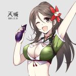 1girl ;d amagi_(kantai_collection) arm_up breasts brown_eyes brown_hair character_name cleavage colis_(regunm772) crop_top dated eggplant grey_background kantai_collection large_breasts mole mole_under_eye one_eye_closed open_mouth ponytail remodel_(kantai_collection) simple_background smile solo upper_body 