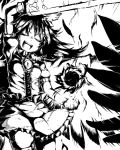  :d arm_cannon black_hair closed_eyes feathers fireball frilled_skirt frills greyscale monochrome open_mouth raised_hand reiuji_utsuho short_sleeves skirt smile tagme touhou weapon wings yankopi 