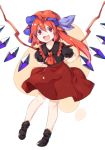  1girl :d akagashi_hagane alternate_color arms_behind_back ascot color_switch flandre_scarlet hair_ribbon long_hair mob_cap open_mouth pink_eyes puffy_short_sleeves puffy_sleeves redhead ribbon sekibanki short_sleeves side_ponytail smile solo touhou wings 