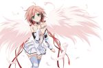  1girl angel_wings blush breasts brown_hair chain cleavage collar collarbone feathers green_eyes hair_ornament hair_ribbon ikaros large_breasts long_hair looking_at_viewer midriff multicolored_hair open_mouth pink_hair ribbon simple_background solo sora_no_otoshimono thigh-highs twintails two-tone_hair watanabe_yoshihiro white_background wings zettai_ryouiki 