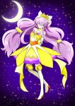  1girl alternate_hairstyle boots cosplay crossover cure_moonlight cure_twinkle cure_twinkle_(cosplay) dress earrings eyelashes female gacchahero go!_princess_precure hair_ornament hair_ribbon happy heartcatch_precure! high_heel_boots high_heels jewelry long_hair looking_at_viewer magical_girl moon precure purple_hair ribbon smile solo standing star star_earrings thigh-highs thigh_boots tsukikage_yuri twintails violet_eyes yellow_dress 