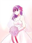  1girl bouquet bridal_veil bride dress fate/stay_night fate_(series) flower fuyuki_(neigedhiver) hair_ribbon highres long_hair matou_sakura purple_hair ribbon solo veil violet_eyes wedding_dress 