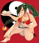  arakune bare_shoulders barefoot bikini blazblue blazblue:_chronophantasma food glasses green_hair hair_ornament hyakuhachi_(over3) litchi_faye_ling nail_polish nikuman panda ponytail red_eyes swimsuit yin_yang 