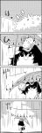  4koma :&lt; animal_ears comic futatsuiwa_mamizou glasses highres kedama leaf leaf_on_head leaf_umbrella monochrome o_o pince-nez raccoon_ears raccoon_tail rain smile tail tani_takeshi touhou translation_request walking wet yukkuri_shiteitte_ne 