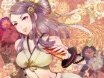  1girl bare_shoulders collarbone comb fire_emblem_if floral_background floral_print fugakanon hair_ornament hexagon midriff orochi_(fire_emblem) purple_hair solo violet_eyes 