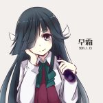  1girl black_hair bowtie brown_eyes character_name colis_(regunm772) dated eggplant elbow_rest hair_over_one_eye hair_ribbon hayashimo_(kantai_collection) head_rest head_tilt kantai_collection long_hair long_sleeves looking_at_viewer ribbon school_uniform shirt simple_background smile solo white_shirt 