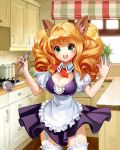  1girl animal_ears breasts cleavage cupboard garter_straps green_eyes ladle mitoring open_mouth orange_hair original outstretched_arms purple_skirt skirt solo window 