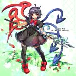  1girl asymmetrical_wings black_dress black_hair black_legwear bow character_name dress english houjuu_nue looking_at_viewer petals polearm puffy_short_sleeves puffy_sleeves red_eyes red_shoes shoes short_sleeves signature snake solo thigh-highs touhou trident umigarasu_(kitsune1963) weapon wings zettai_ryouiki 