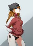  1girl bikini bikini_bottom blue_eyes brown_hair eyepatch hands_in_pockets hat highres long_hair looking_at_viewer neon_genesis_evangelion open_mouth raito_(latek) rebuild_of_evangelion shikinami_asuka_langley side-tie_bikini solo souryuu_asuka_langley swimsuit track_jacket 