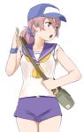  1girl aoba_(kantai_collection) bag baseball_cap cowboy_shot hat kantai_collection messenger_bag ojipon ponytail school_uniform serafuku short_sleeves shorts shoulder_bag white_background 