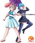  2girls blue_eyes blue_hair blush eyepatch garter_straps hair_ornament hairclip heterochromia highres holding iri_flina karakasa_obake multiple_girls red_eyes reit short_hair skirt smile sword_girls tatara_kogasa tatara_kogasa_(cosplay) thigh-highs tongue touhou umbrella 