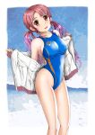  1girl brown_eyes competition_swimsuit highleg highres long_hair mashinatsu one-piece_swimsuit original redhead swimsuit track_jacket twintails 