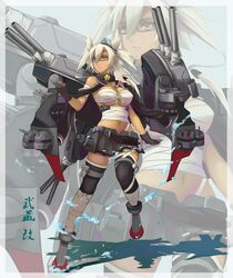  1girl absurdres bandages blonde_hair breasts budget_sarashi cannon clenched_hand dark_skin fingerless_gloves full_body glasses gloves gy_(l964625780) highres kantai_collection large_breasts long_hair looking_to_the_side mecha_musume miniskirt musashi_(kantai_collection) navel red_eyes sarashi skirt solo thigh-highs turret two_side_up zettai_ryouiki 