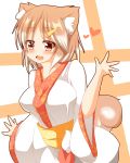  1girl :d animal_ears blush breasts brown_hair dog_ears dog_tail fang gradient_hair hajime_(ak-r) heart highres looking_at_viewer multicolored_hair open_hand open_mouth original personification red_eyes shiba_inu short_hair smile solo tail 