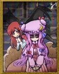  2girls bow capelet chamaji crescent crescent_hair_ornament fang hair_bow hair_ornament hands_on_own_face head_wings highres koakuma long_hair long_sleeves mob_cap multiple_girls patchouli_knowledge purple_hair red_eyes redhead shaded_face smile touhou violet_eyes wings 