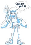  1girl aogami bike_shorts elbow_pads english gun highres inkling looking_at_viewer monochrome pointy_ears speech_bubble splatoon standing tentacle_hair tentacles water_gun weapon white_background 