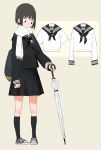  1girl absurdres bag black_hair highres kumanoi_(nichols) original scarf school_uniform serafuku short_hair skirt solo umbrella 