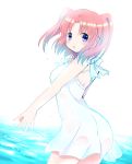  1girl blush breasts dress large_breasts looking_at_viewer looking_back mikakunin_de_shinkoukei open_mouth pink_hair short_hair simple_background solo tarabagani twintails two_side_up violet_eyes white_dress yonomori_kobeni 