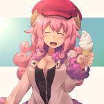  1girl ^_^ blush breasts cleavage closed_eyes curly_hair food food_on_face hat horns ice_cream kuromiya kuzakura_mika open_mouth original pink_hair sheep_horns smile solo 