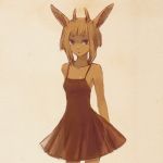  1girl arms_behind_back bare_shoulders blonde_hair blue_eyes dress flat_chest gazelle goat_ears hokanko horns monochrome payot sepia sketch sundress 