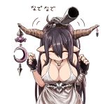  1girl ahoge bandages black_gloves black_hair breasts cleavage clenched_hands closed_eyes danua dress fingerless_gloves gloves granblue_fantasy highres horn_ornament horns jewelry kitiku long_hair necklace pointy_ears red_eyes simple_background solo translated white_background white_dress 
