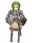  1girl armor armored_boots cervus gauntlets green_eyes green_hair headband headwear_removed helmet helmet_removed long_hair original shield short_twintails sword twintails weapon 