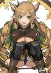  1girl boots braid granblue_fantasy green_eyes horns karmelina_(granblue_fantasy) looking_at_viewer pointy_ears pupps signature smile solo squatting thigh-highs thigh_boots twin_braids underboob_cutout 