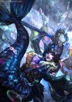  1girl cglas gem headpiece highres league_of_legends mermaid monster_girl nami_(league_of_legends) outstretched_hand pearl scales solo staff underwater watermark web_address 