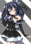  1girl :p atsuhien black_hair character_name choujigen_game_neptune hair_ribbon highres long_hair neptune_(series) one_eye_closed red_eyes ribbon solo tongue tongue_out twintails uni_(choujigen_game_neptune) 