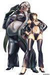  2girls aken black_eyes black_hair breasts cleavage_cutout cosplay detached_sleeves from_below full_body hands_on_hips highres looking_at_viewer monster_girl multiple_girls narberal_gamma navel_piercing neuronist_painkil overlord_(maruyama) piercing ponytail standing tagme 