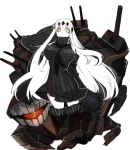  1girl aircraft_carrier_water_oni bare_shoulders berver breasts detached_sleeves diamond_(symbol) dress heterochromia kantai_collection long_hair looking_at_viewer machinery orange_eyes ribbed_dress shinkaisei-kan short_dress simple_background solo white_background white_hair yellow_eyes 