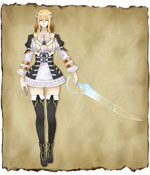  1girl alternate_costume alternate_hair_color alternate_headwear alternate_legwear alternate_weapon blonde_hair bloodstained:_ritual_of_the_night blue_eyes concept_art dress frilled_dress frills miriam_(bloodstained) natsume_yuji official_art standing sword thigh-highs weapon 