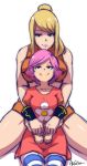  2girls akairiot alternate_costume bangs bike_shorts blonde_hair blush breast_press breasts brown_eyes crossover doubutsu_no_mori dress height_difference hug hug_from_behind large_breasts long_hair metroid mole mole_under_mouth multiple_girls nintendo pantyhose pink_hair ponytail samus_aran short_hair sitting sitting_on_lap sitting_on_person small_breasts smile sports_bra striped striped_legwear sundress super_smash_bros. swept_bangs villager_(doubutsu_no_mori) wrist_cuffs yuri 