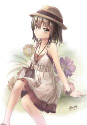  1girl bag brown_eyes brown_hair d-style_wed dress hat kantai_collection sendai_(kantai_collection) short_hair smile solo two_side_up 