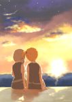  2girls clouds from_behind holding_hands kantai_collection maikaze_(kantai_collection) multiple_girls nassukun nowaki_(kantai_collection) star_(sky) sun sunset water yuri 
